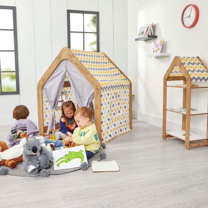 Cozy Kids - Cabane enfant en bois avec tente tissu - Maison de jeu Montessori intérieur jaune et gris