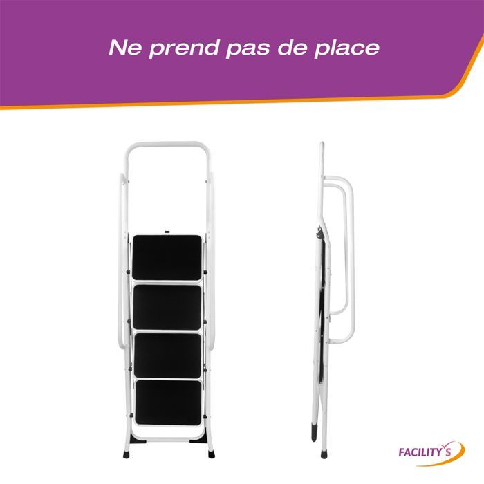 Escabeau 4 marches pliable acier, double garde-corps, antidérapant - plateforme 98 cm - 150 kg max - FACILITYS