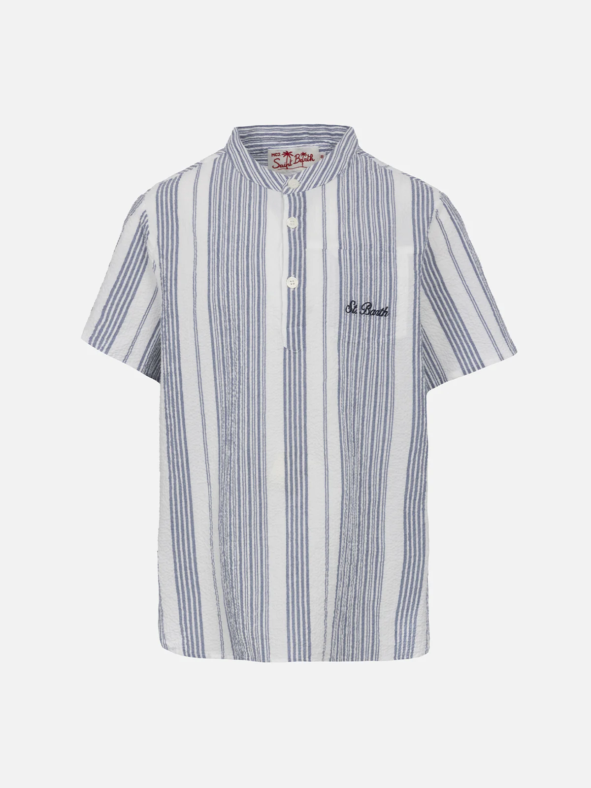 Camicia da bambino in seersucker a maniche corte con stampa a righe
