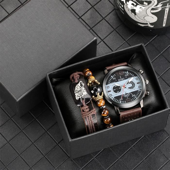 Set regalo da uomo SHARPHY con orologio e bracciale – Bracciale cronografo con perline stile tigre e cinturino in pelle marrone, regalo di carattere