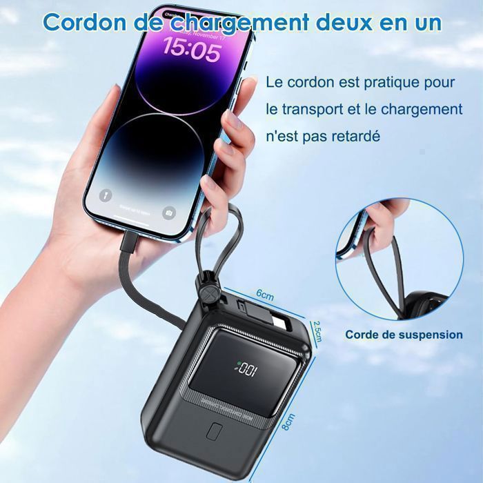 Batería externa de 10000 mAh, carga rápida BYONDSELF PD de 20 W, cables USB-C y Lightning integrados, pantalla digital.