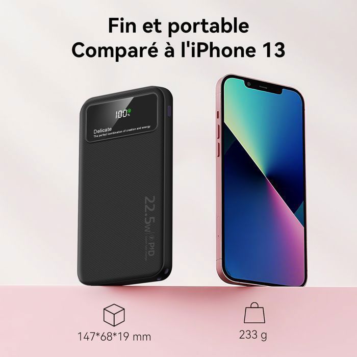 Bateria externa preta de 20000mAh com 4 cabos integrados, 6 saídas, 3 entradas e visor LED, banco de energia portátil.