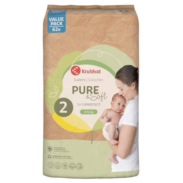 Kruidvat Pure & Soft pelene za novorođenčad, veličina 2, povoljno pakiranje, veličina 2 (3-6 kg), 62 komada