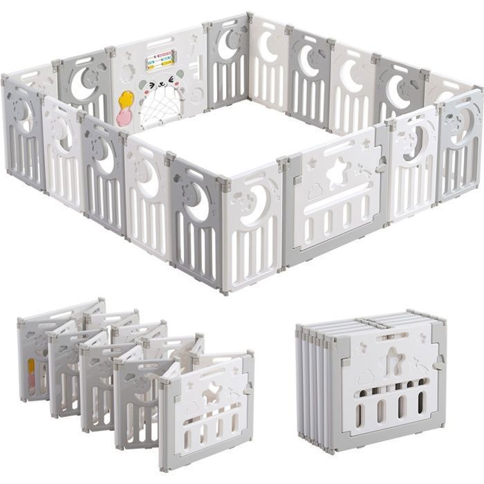 Baby Playpen 16+2 Panels, XXL Modular Playpen with Safety Lock, Adjustable Shape, Foldable, Baby Gate, Grey