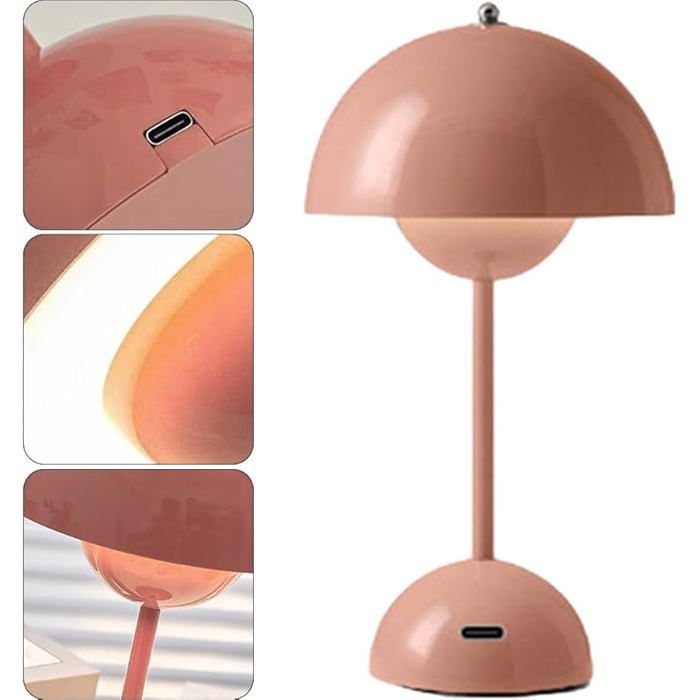 Lámpara de mesa LED con forma de maceta, lámpara de mesita de noche inalámbrica recargable, lámparas táctiles regulables con forma de hongo y 3 niveles de brillo (rosa).