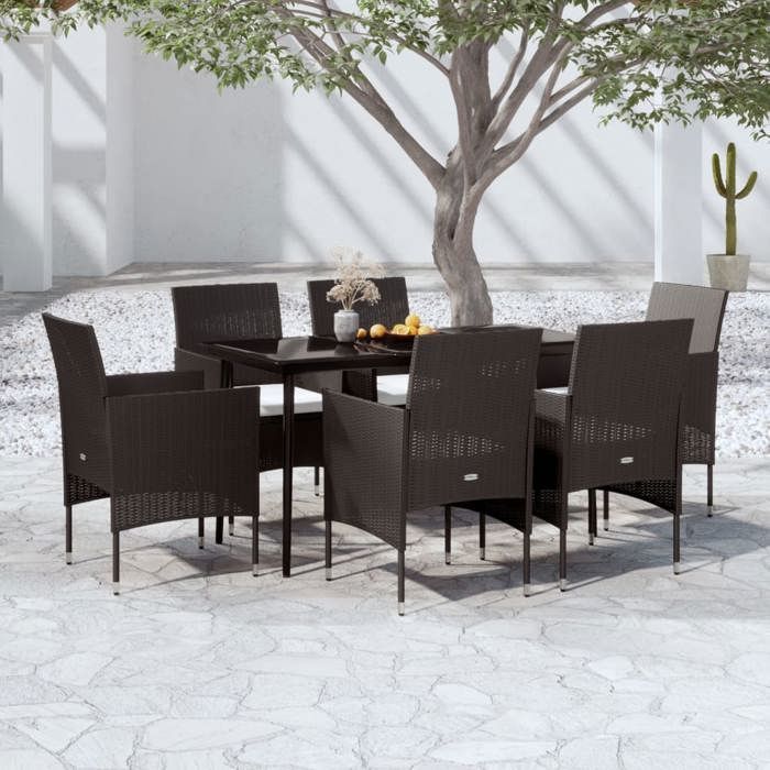 Garden dining set - vidaXL - 7 pieces - Black - Wicker resin - Powder-coated steel - Glass