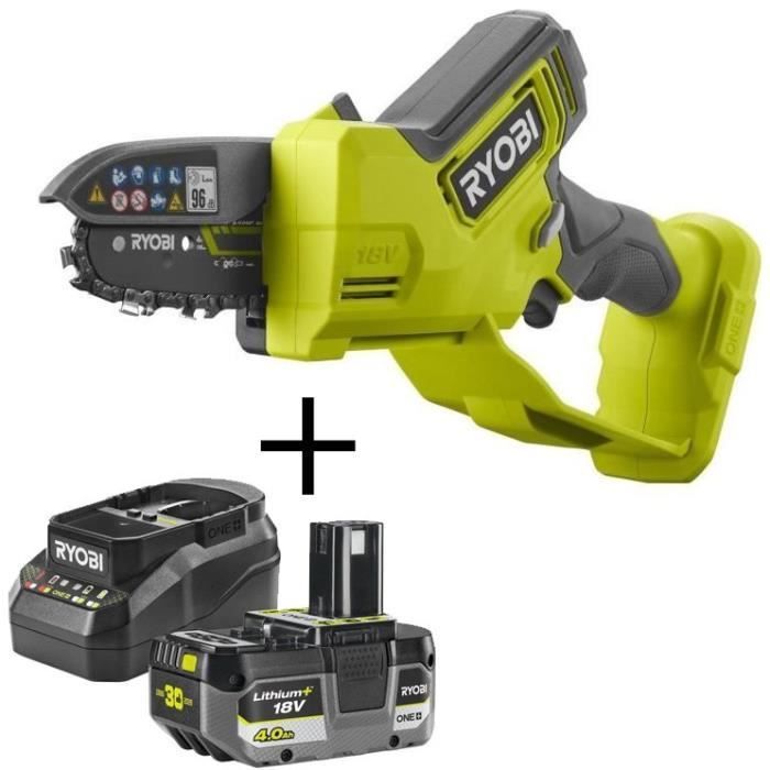 RYOBI - Podadora de mano sin escobillas de 18 V, barra guía de 10 cm, 6 m/s + 1 batería de 4 Ah y cargador - RY18PSX10A-0 + RC18120B-140X