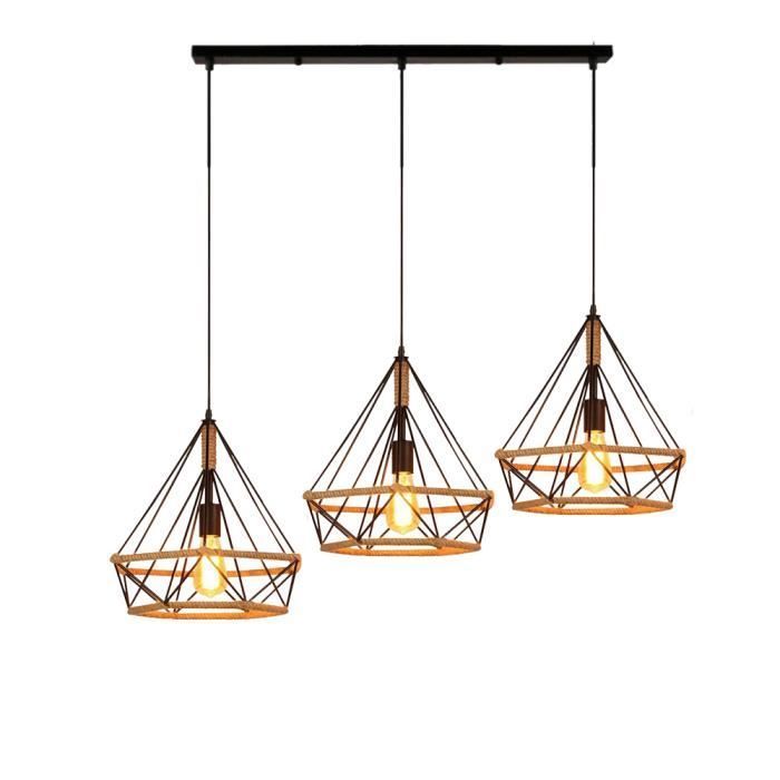 Kawoo Retro Industriële Hanglamp 25 cm Diamantvormig Verstelbare Hanglamp van Henneptouw voor Eetkamer, Bar