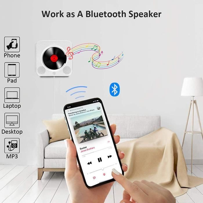 Lecteur CD Portable, Bluetooth, Montage Mural, Haut-parleurs HiFi intégrés, Home Audio Boombox avec télécommande Radio FM