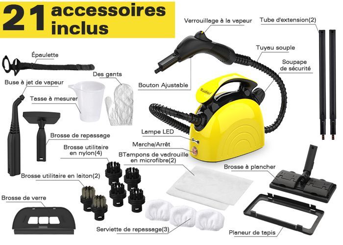 Waitbird Steam Cleaner - 1500 Watts - 21 Accessories - Deep Cleaning - Effective Disinfection
