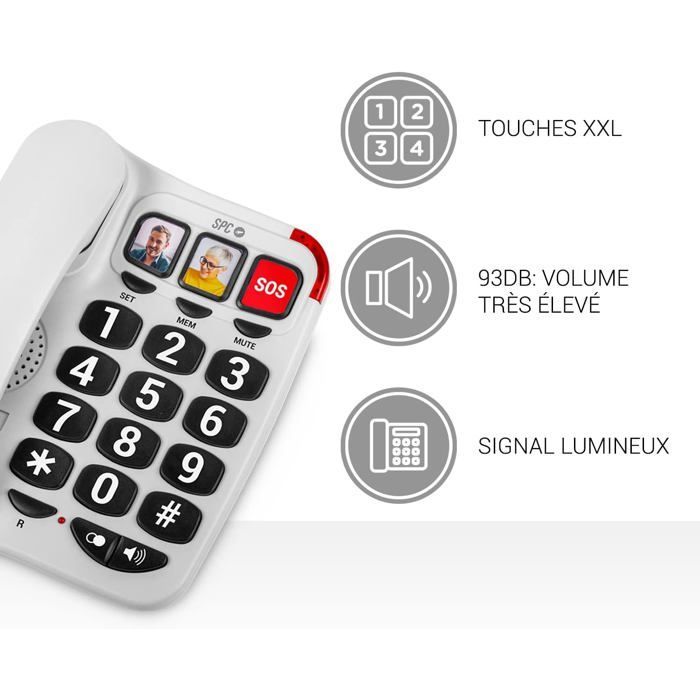 Telefone fixo ideal para idosos - SUTEO - Botões grandes - 3 memórias de discagem rápida com foto - Volume extra alto