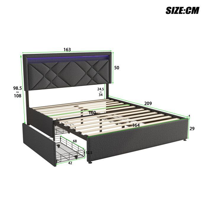 Lit double 160x200 cm avec 4 tiroirs, Lit rembourré tête de lit avec LED et chargement USB, Lin Style scandinave - Gris foncé