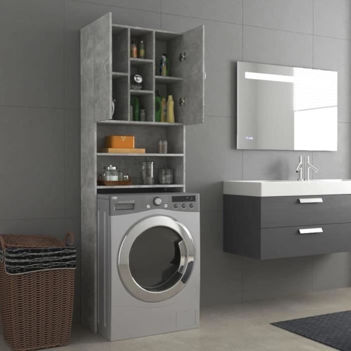 Meuble pour Machine Laver Armoire Haute de Rangement Armoire Lave-Linge Prsentoir Buanderie Intrieur Gris Bton 64x25,5x190 cm[311]