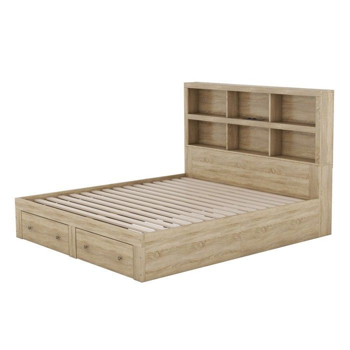 Cama doble king size de 160x200 cm con somier de láminas, 2 cajones y cabecero con espacio de almacenamiento. Diseño natural. Colchón no incluido.