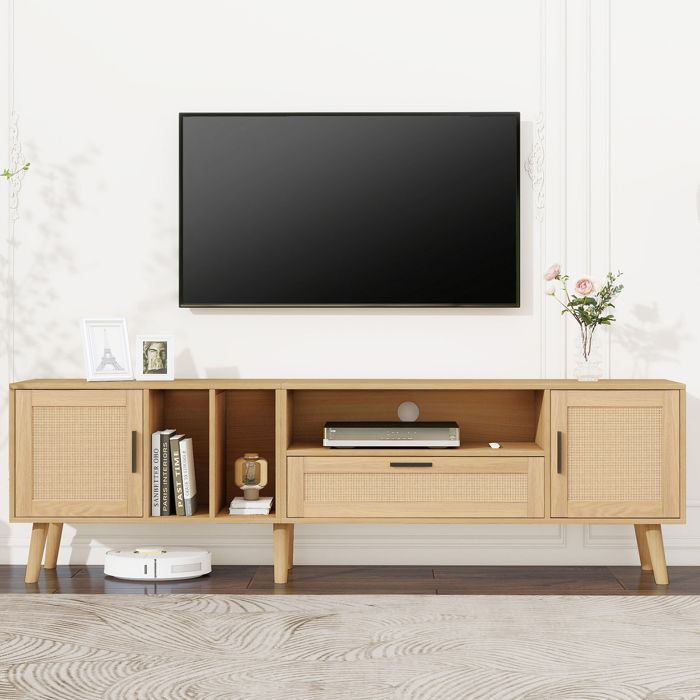 MODERNLUXE 180cm tv-meubel, rotan afwerking, 2 deuren en 1 lade, massief houten poten, naturel