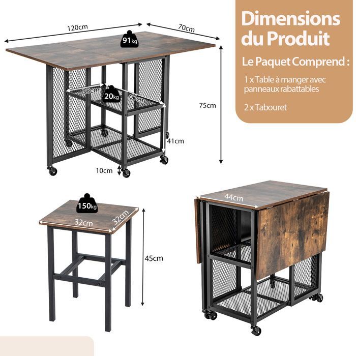 GIANTEX 3-Piece Dining Set - Rolling Table with Folding Top and 2 Stools - 2 Shelves - Kitchen, Living Room