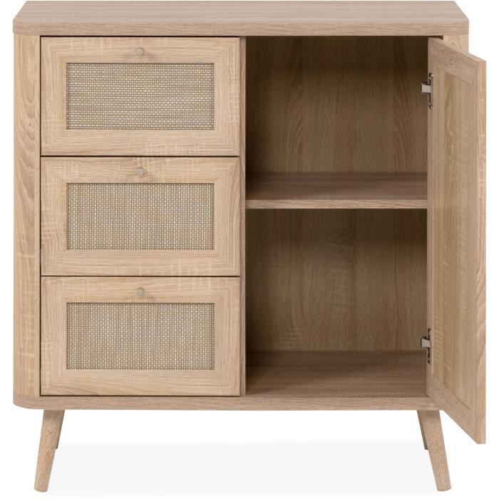 Small storage unit - 3 drawers - 1 door - Cane finish - W80.9 x H84 x D40 cm