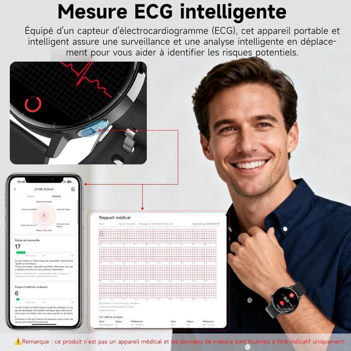 Montre Connectée Homme Ecg/Vrc/Imc Smartwatch, 1.41