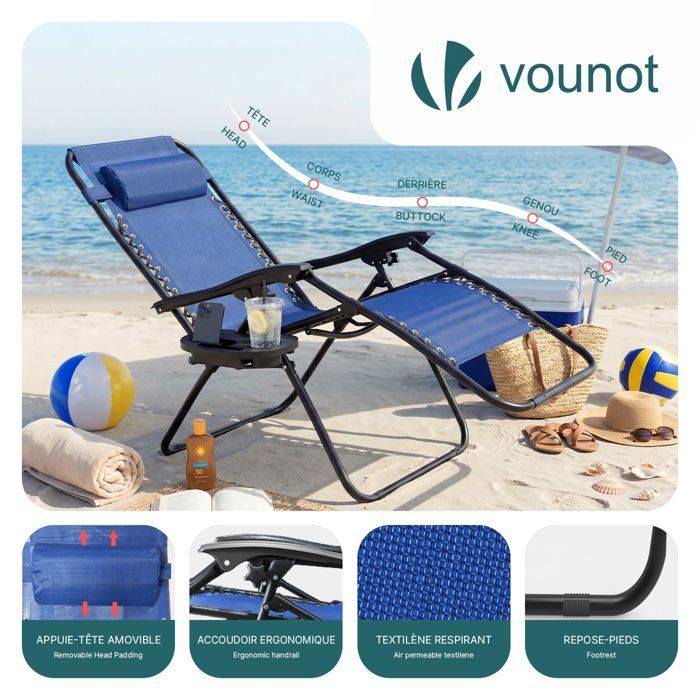 Juego de 2 sillones reclinables plegables VOUNOT® de textilene con portavasos - Carga máxima 120 kg - Azul