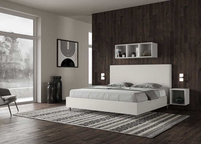 Kingsize bed met opbergruimte, gestoffeerd, 200x210 cm, wit kunstleer, Focus