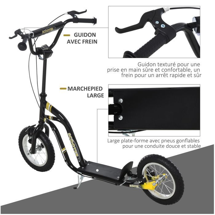 Patinete infantil - HOMCOM - Neumáticos de goma de 12 pulgadas, capacidad de carga de 100 kg, todoterreno, frenos dobles ajustables - negro