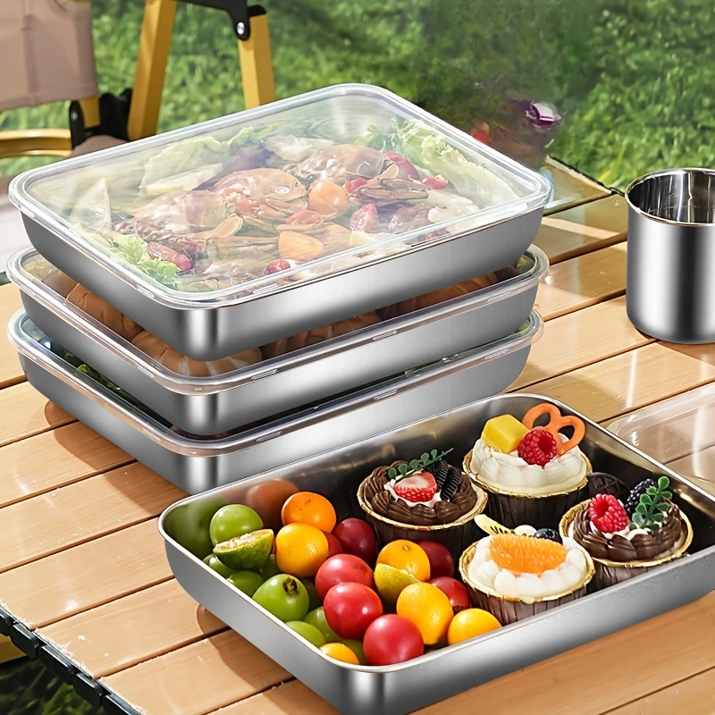 Boîte de conservation alimentaire en acier inoxydable avec couvercle, idéale pour conserver les légumes, les fruits et les ustensiles de cuisine.