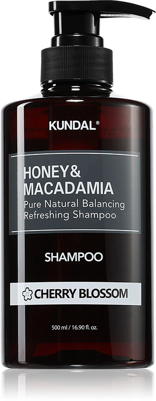 Shampoo natural KUNDAL com mel e flor de cerejeira macadâmia para cabelos secos e danificados.