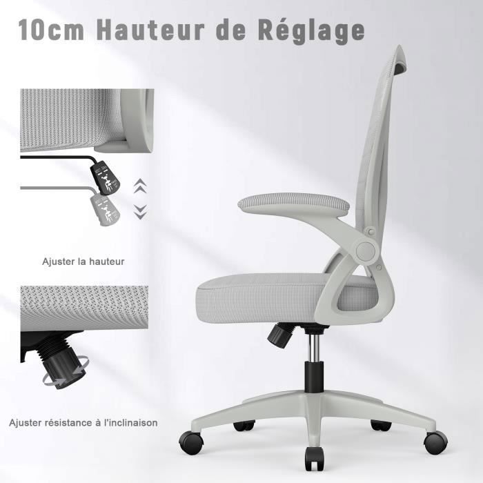Silla de oficina giratoria 360° | Silla ergonómica | Altura y respaldo ajustables / Reposabrazos ajustables | Carga máxima 150 kg | Gris