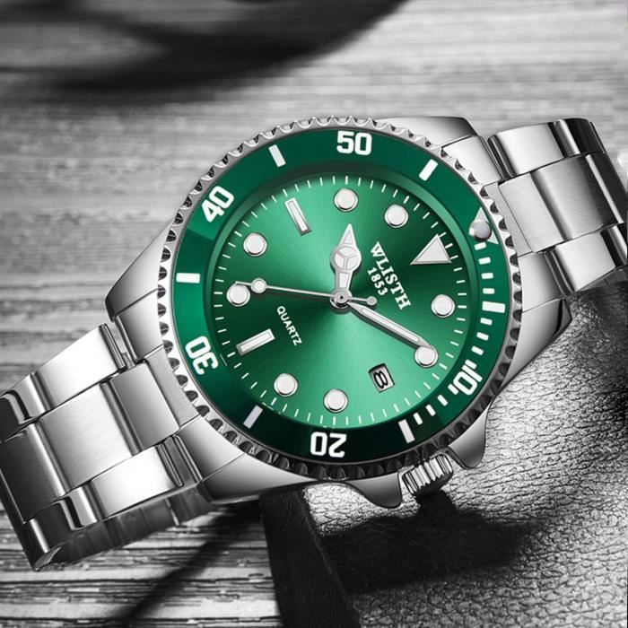 SHARPHY Men's Quartz Watch with Luminous Calendar, Multifunction, Steel Bracelet, Waterproof, Silver/Green, Gift