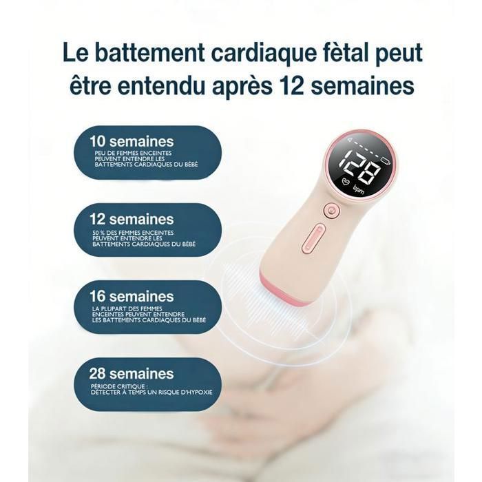 Babyphone sonore haute sensibilité 2.5MHz avec Écran LCD, Foetal Écouter , Moniteur de Battements, Portable, Kit Gel Inclus