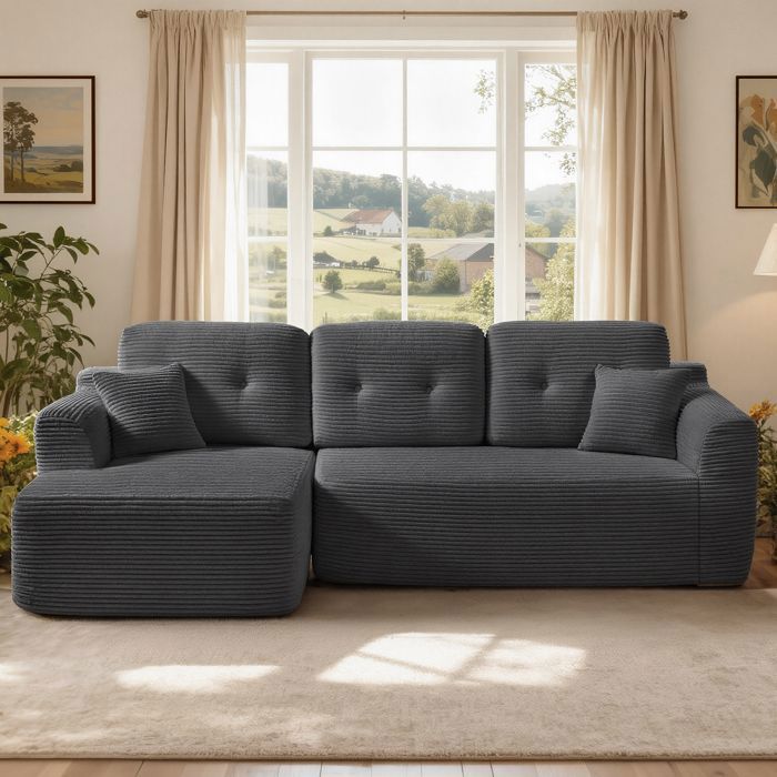 Sofá esquinero fijo VASAGLE, sofá de 3 plazas, no requiere montaje, chaise longue grande orientada a la izquierda, para salón o dormitorio, gris.