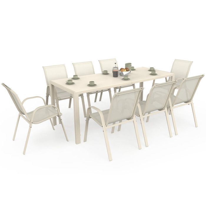 Conjunto de muebles de jardín IDMARKET MADRID: mesa de 190 cm y 8 sillas apilables, color beige.