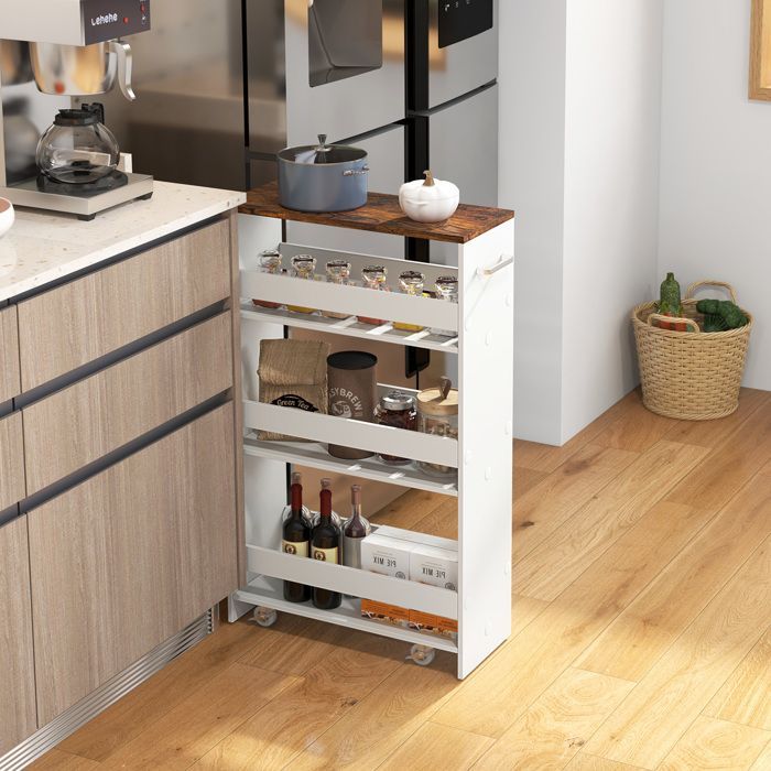 Carrinho de cozinha GIANTEX com 4 níveis e rodas, carrinho estreito para servir com alça, 47,5 x 20 x 80,5 cm, branco + marrom