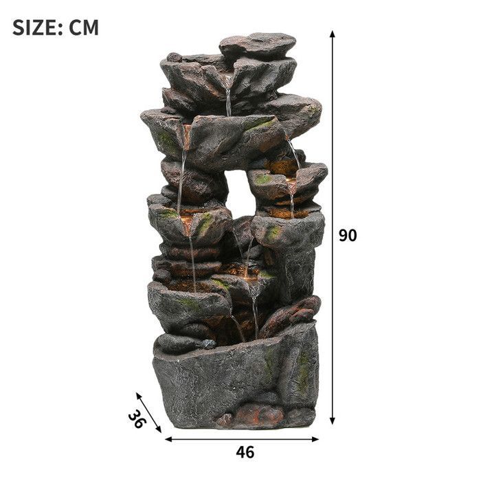 Fuente de jardín con iluminación LED - Aspecto de piedra natural - Bomba de agua integrada - Iluminación LED - 46x36x90 cm
