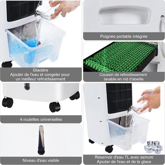 Aire acondicionado portátil COSTWAY 7L 4 en 1 - Enfriador de aire - Control remoto - 65W - Temporizador de 7.5H - 3 modos/velocidades - Pantalla LED - 27x30x74