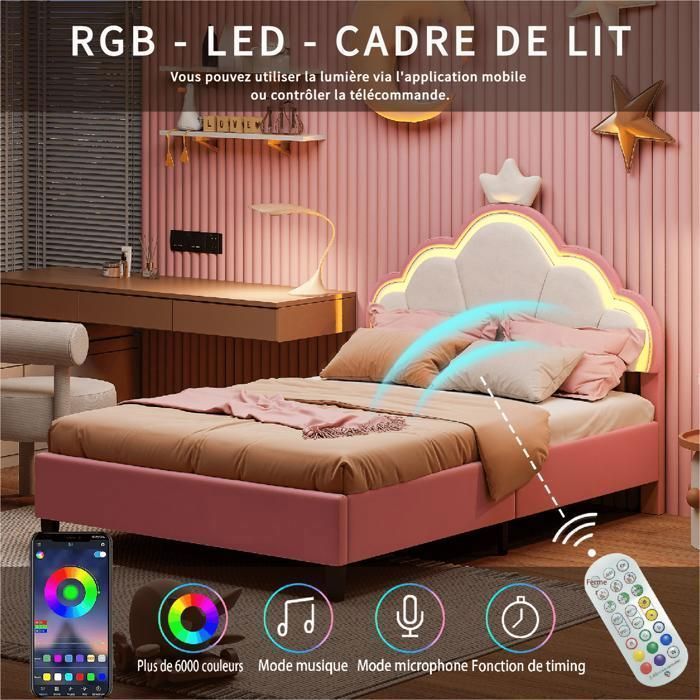 Cama infantil - EIFSON - Cama princesa - 90x200cm - LED - Flanela - Rosa