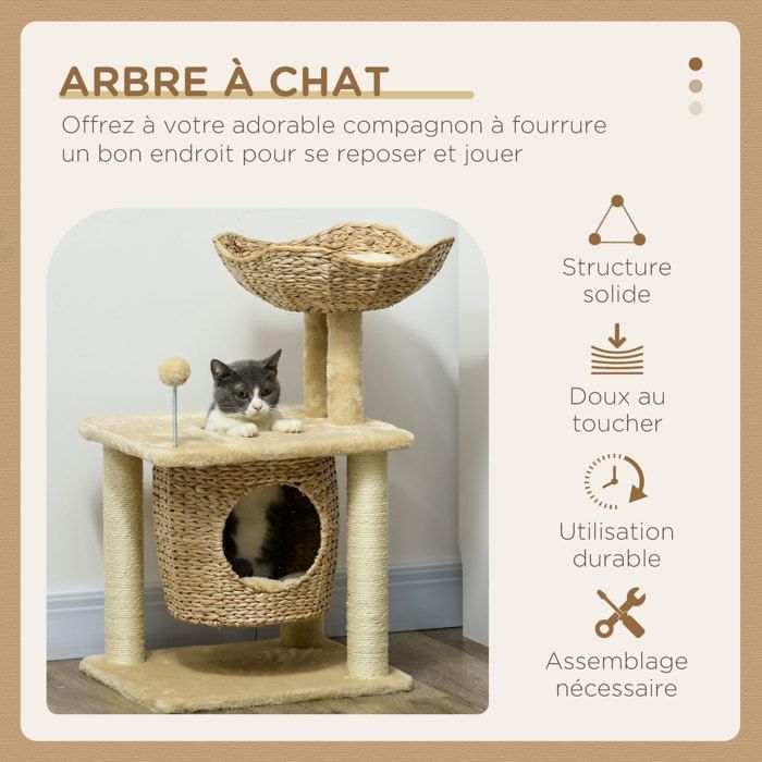 Cat tree scratching post - PawHut - cattail climbing tree with 1 den, basket, pom-pom, play tower - plush - height 74 cm - beige