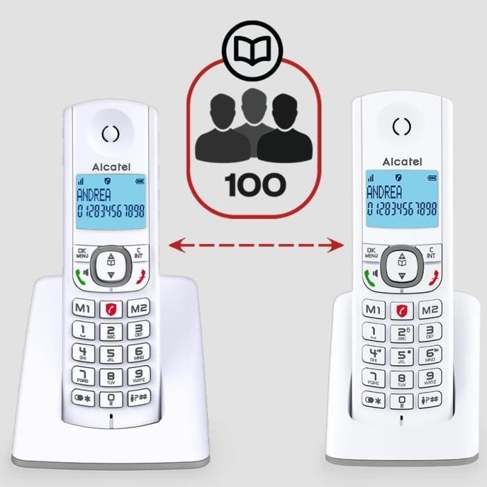Teléfono inalámbrico - ALCATEL - F530 Duo - 2 terminales, bloqueo de llamadas, manos libres, 2 números de marcación rápida, blanco/azul