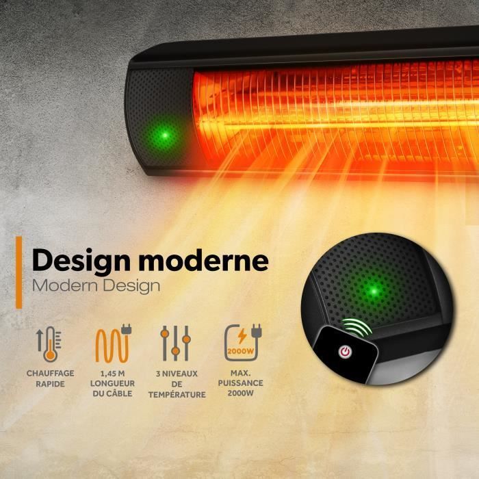 TRESKO Radiateur infrarouge extérieur 2000W | Chauffage radiant terrasse | murale| télecommande | 3 niveaux | intérieur et