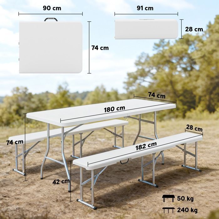 Ensemble table pliante et bancs de pique-nique 180 cm - Outsunny - poignées de transport - charge 240 Kg - blanc