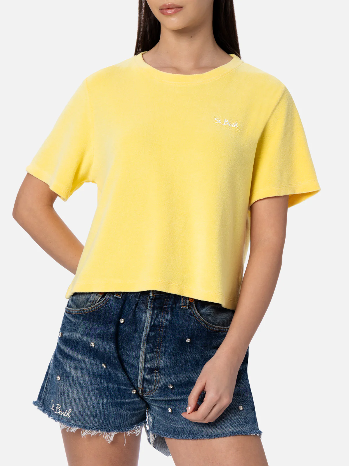 Emilie dames T-shirt met ronde hals van lichtgeel katoenen badstof