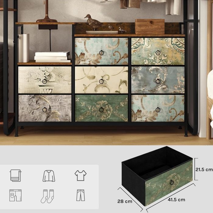 Cómoda WOLTU - 8 cajones y estación de carga - Metal y madera de ingeniería - Diseño floral vintage