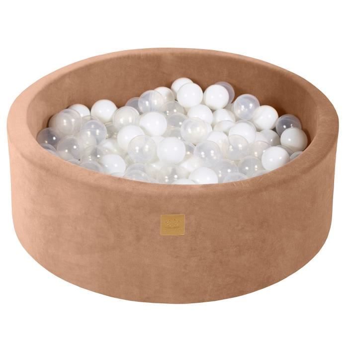 Piscine à Balles - MeowBaby® - Ronde 90x30cm - Beige - Boules Blanc/Transparent - Antiallergique