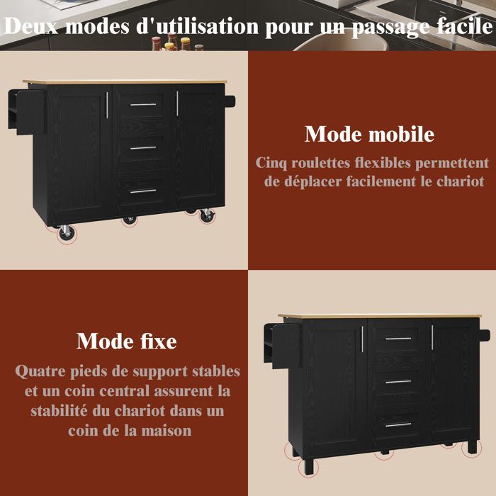 Kitchen Buffet, Multifunctional Kitchen Island with 3 Storage Drawers, Towel Rack with Wheels, Black