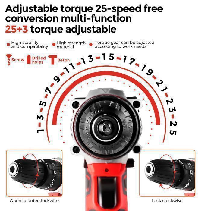 POWTOOLS Akku-Bohrschrauber – 21 V – 2 Lithium-Akkus + 24 Zubehörteile + Ladegerät