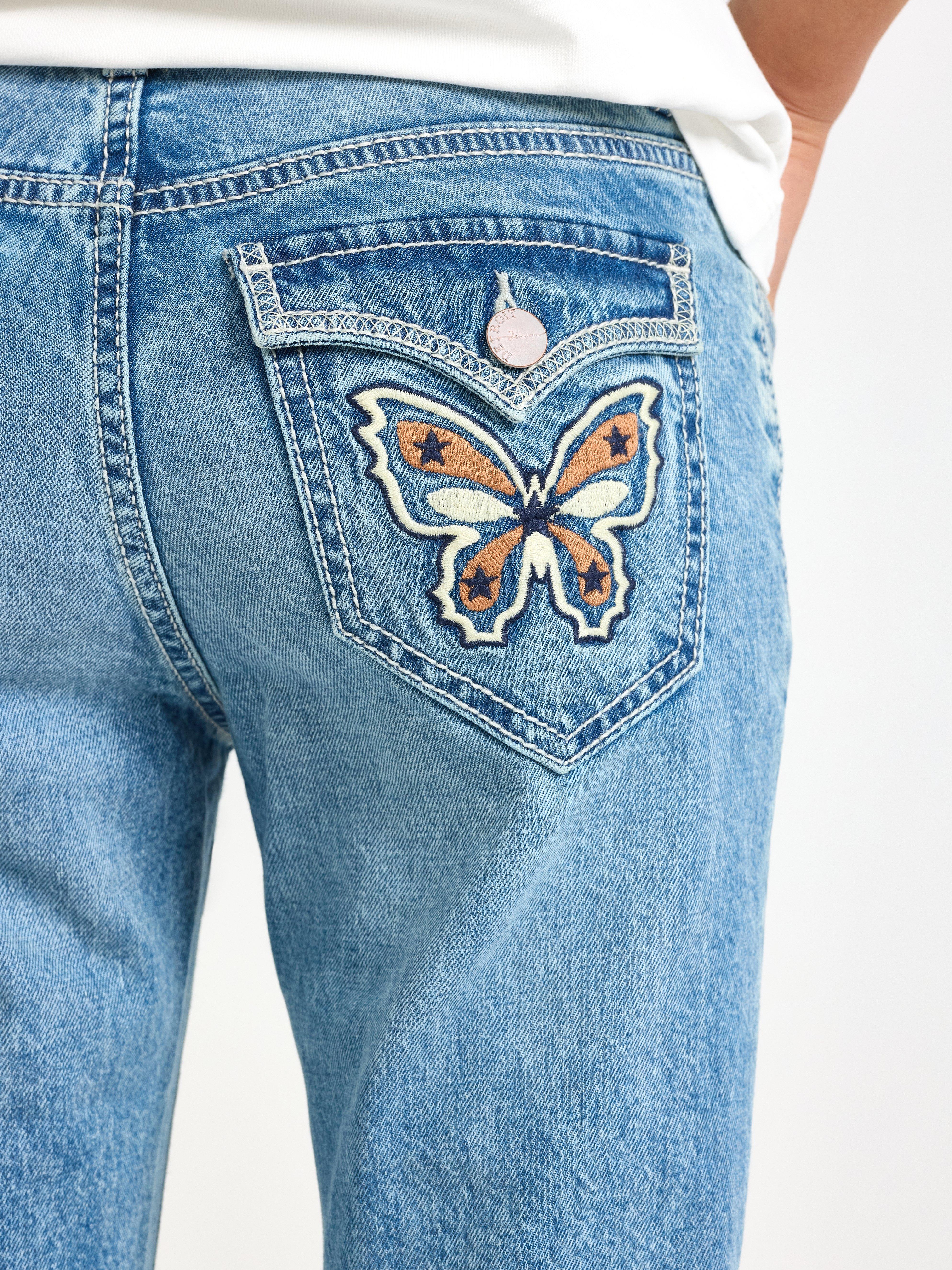 Blugi FREJA cu croială evazată și broderie Denim
