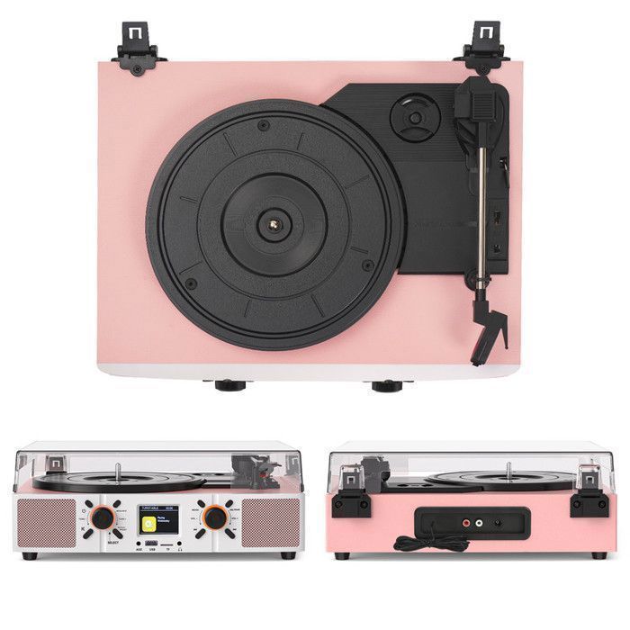 TANLANIN DT2032 Bluetooth Turntable with DAB/DAB+ Radio Alarm Clock Function - For 33/45/78 RPM Records - Hi-Fi Music Equipment - Pink