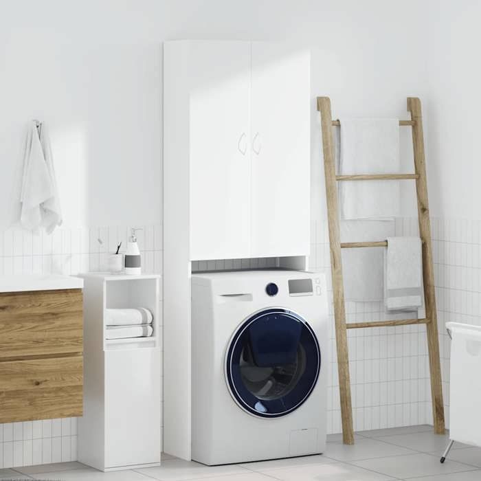 Mobile per lavatrice vidaXL, bianco, 64x25,5x190 cm, in legno composito, mobile per lavanderia con 2 ante e 3 ripiani 808413