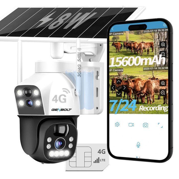 GENBOLT 3G/4G LTE 2.5K Caméra Surveillance Solaire Extérieure sans Fil, 8W 15600mAh Enregistrement 24/7 Caméra Double Objectif