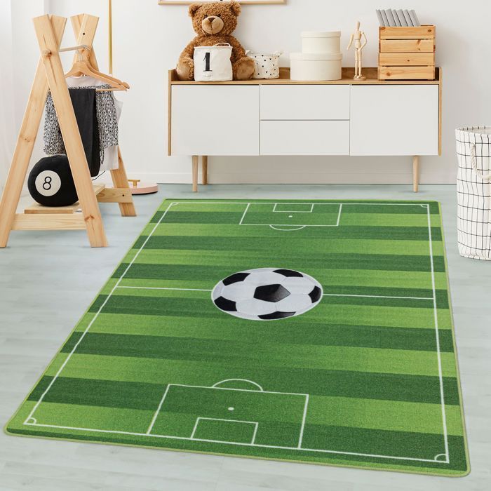 Alfombra infantil Carpetsale24, diseño de campo de fútbol, verde, 140x200 cm, alfombra para habitación infantil, alfombra para habitación de bebé.
